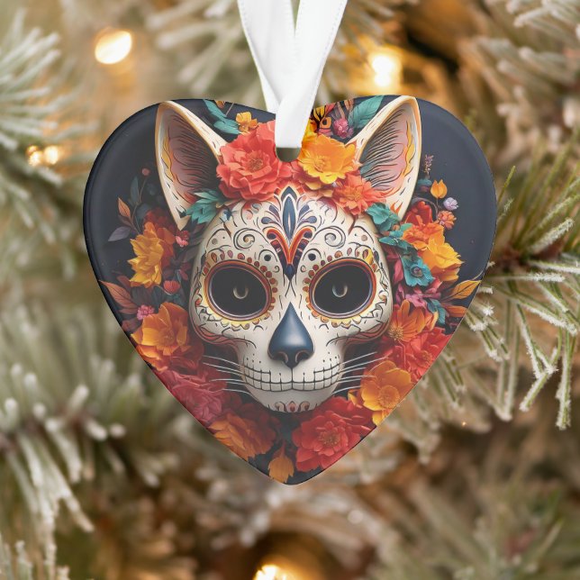Sugar Skull Cat with Flowers Acrylic Ornament (Tree)