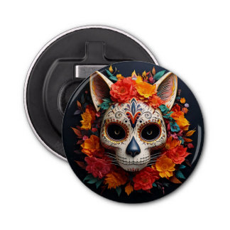 Sugar Skull Cat with Flowers Bottle Opener
