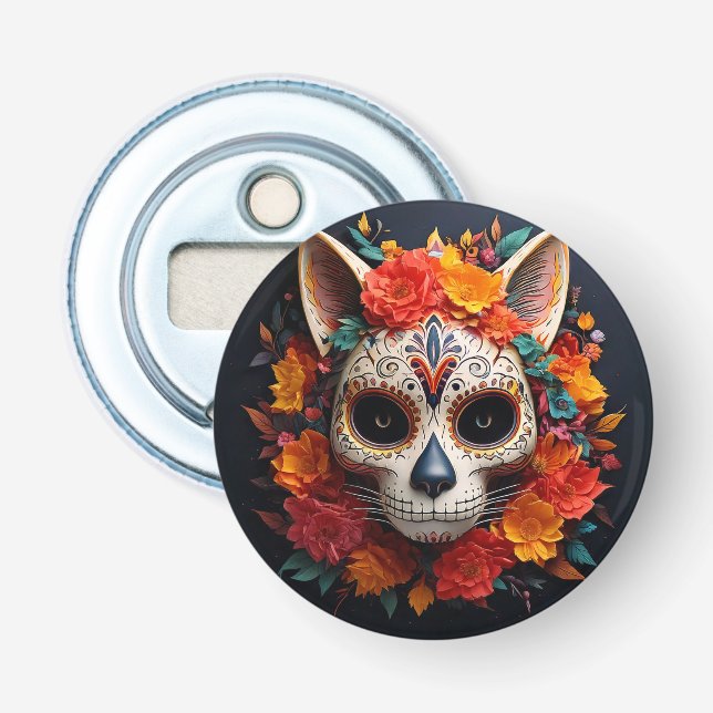 Sugar Skull Cat with Flowers Bottle Opener (Front)