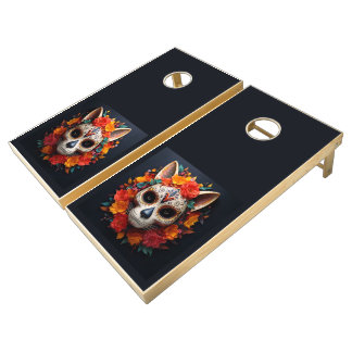 Sugar Skull Cat with Flowers Cornhole Set