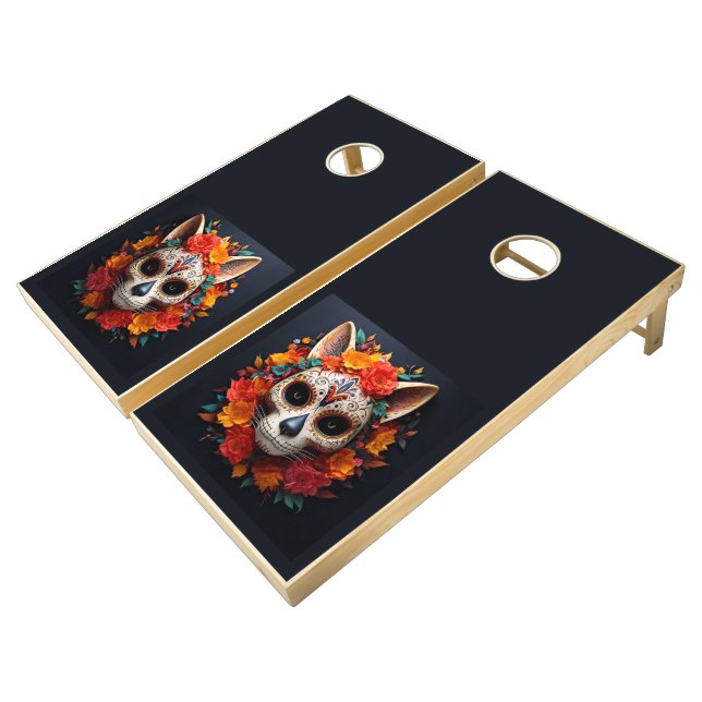 Sugar Skull Cat with Flowers Cornhole Set (Angled)