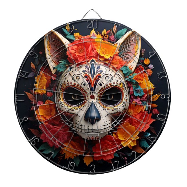 Sugar Skull Cat with Flowers Dartboard (Front)