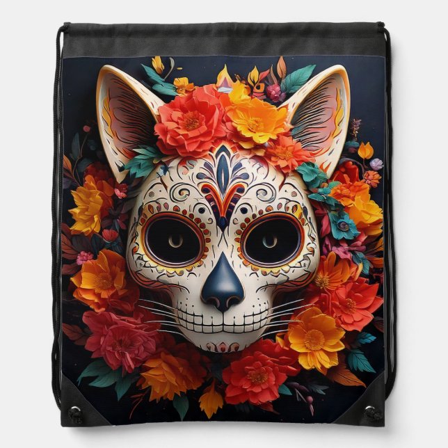 Sugar Skull Cat with Flowers Drawstring Backpack (Front)