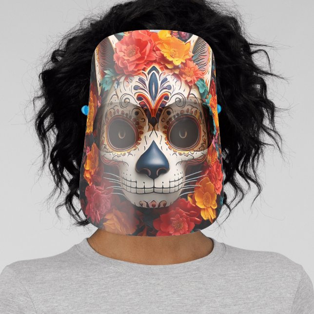 Sugar Skull Cat with Flowers Face Mask (Insitu)