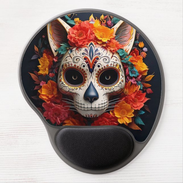 Sugar Skull Cat with Flowers Gel Mousepad (Front)
