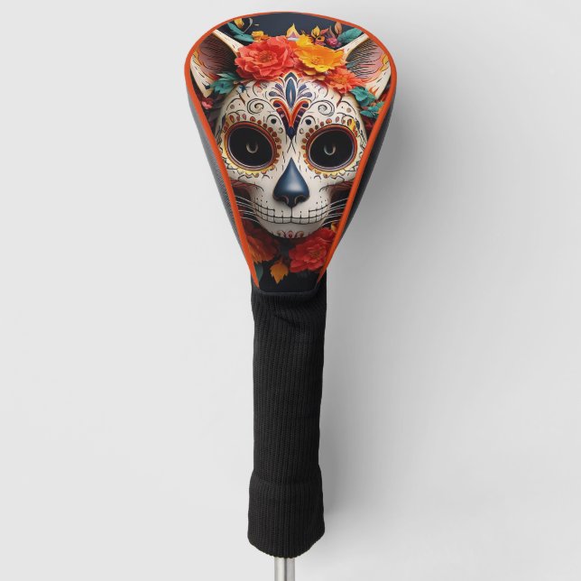 Sugar Skull Cat with Flowers Golf Head Cover (Front)