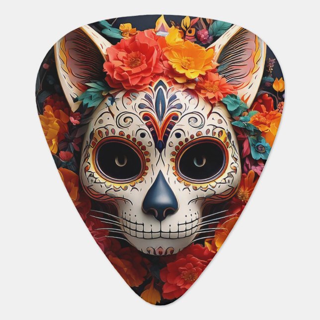 Sugar Skull Cat with Flowers Guitar Pick (Front)