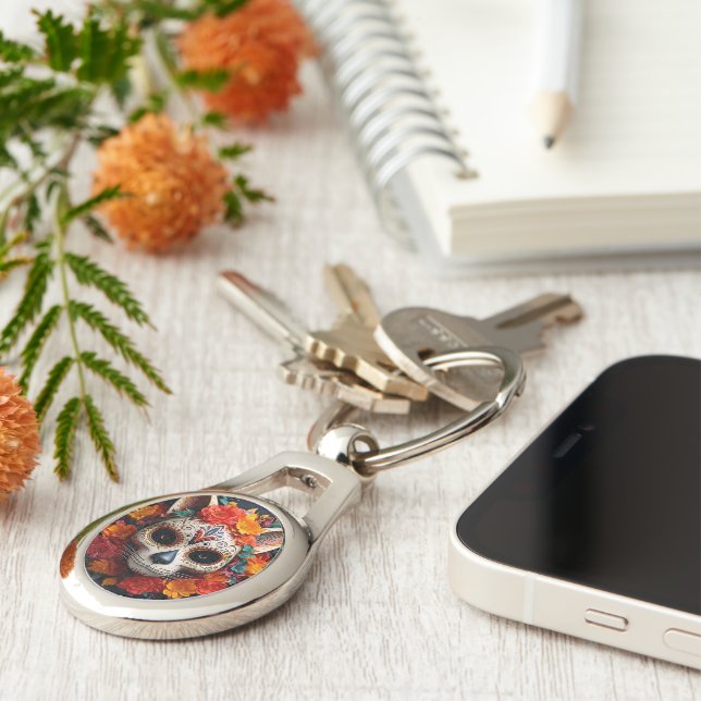 Sugar Skull Cat with Flowers Metal Keychain (Side)