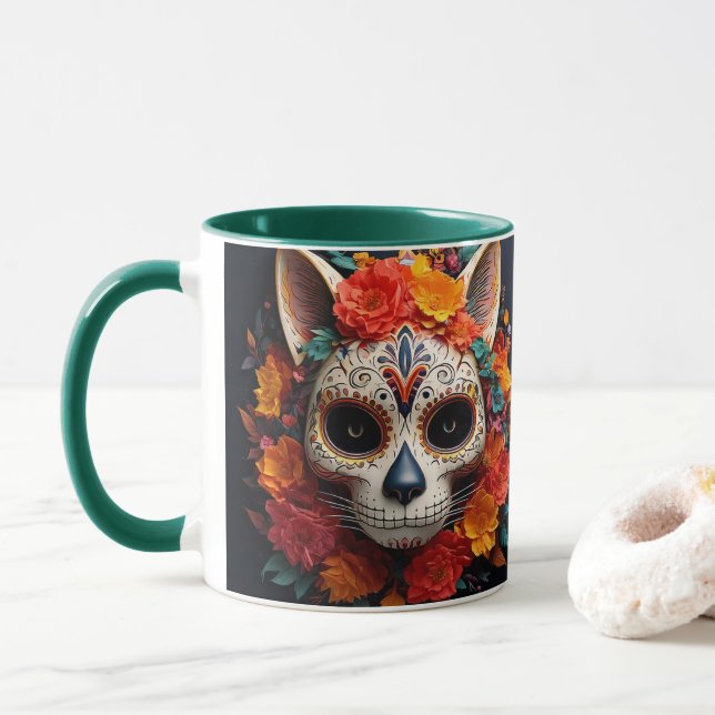 Sugar Skull Cat with Flowers Mug (With Donut)