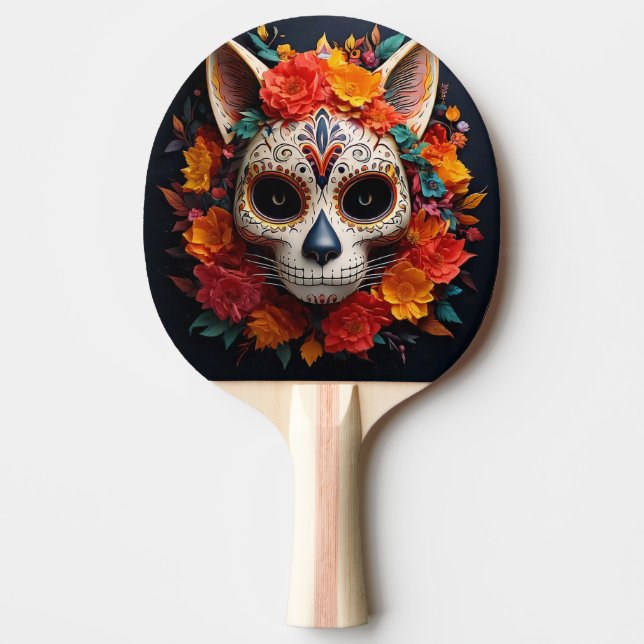 Sugar Skull Cat with Flowers Ping Pong Paddle (Front)