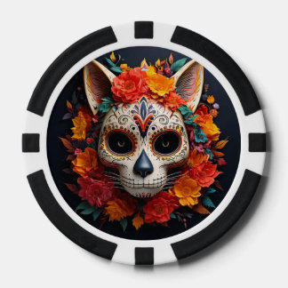 Sugar Skull Cat with Flowers Poker Chip