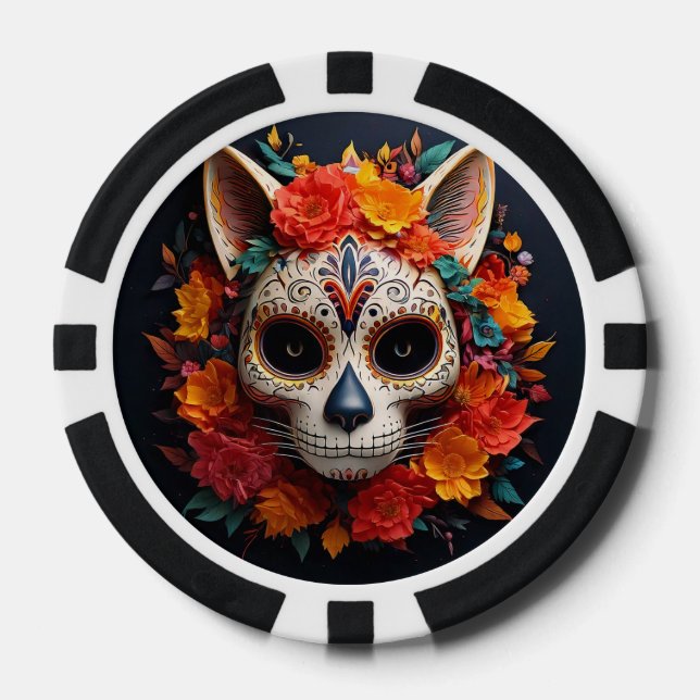 Sugar Skull Cat with Flowers Poker Chip (Front)