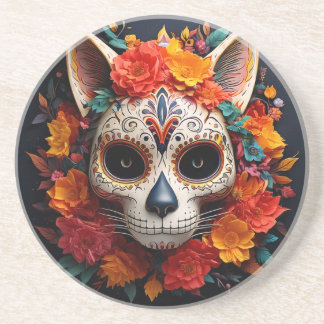 Sugar Skull Cat with Flowers Sandstone Coaster