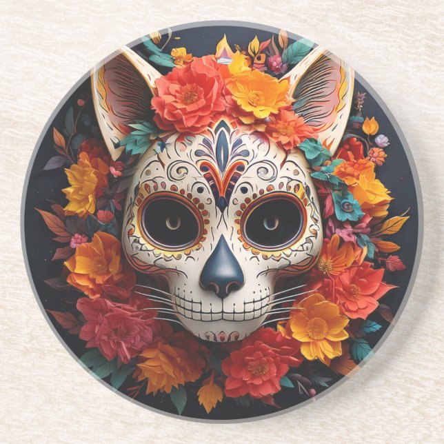 Sugar Skull Cat with Flowers Sandstone Coaster (Front)