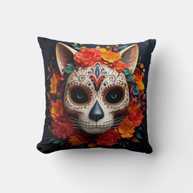 Sugar Skull Cat with Flowers Throw Pillow (Front)