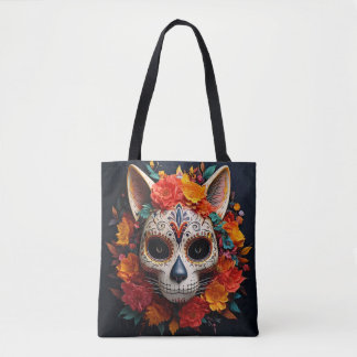 Sugar Skull Cat with Flowers Tote