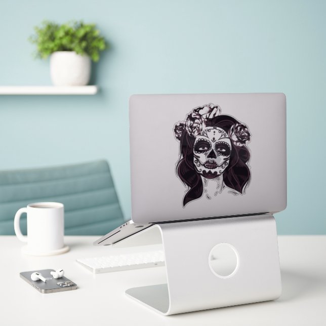 Sugar Skull Catrina – Gothic Floral Sticker (Laptop On Desk)