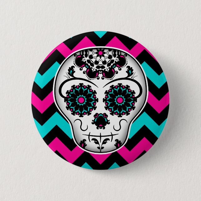 Sugar skull chevron stripes design pinback button (Front)