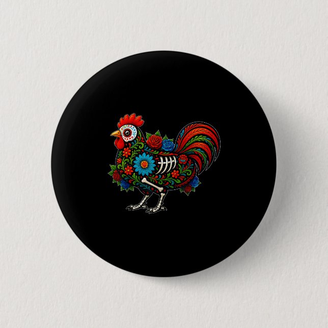 Sugar Skull Chicken Dia De Muertos Halloween Day O Button (Front)