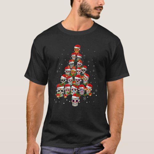Sugar Skull Christmas Tree With Santa Hat Tee