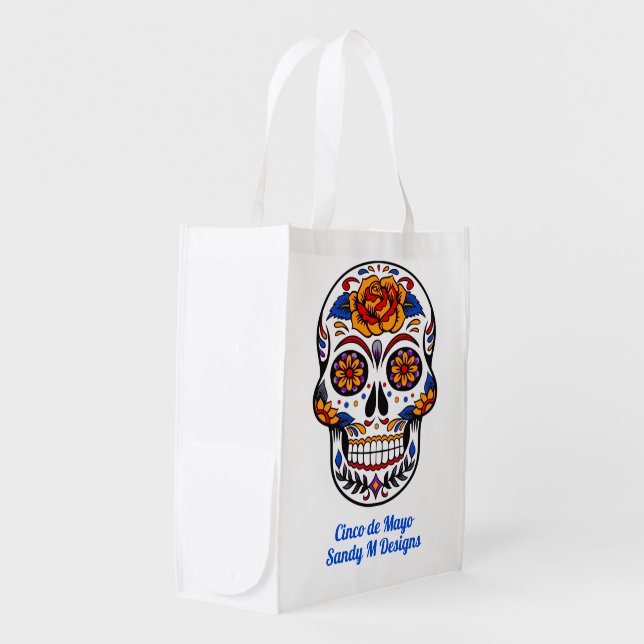 Sugar Skull Cinco de Mayo Add Name Reusable Grocery Bag (Front Side)