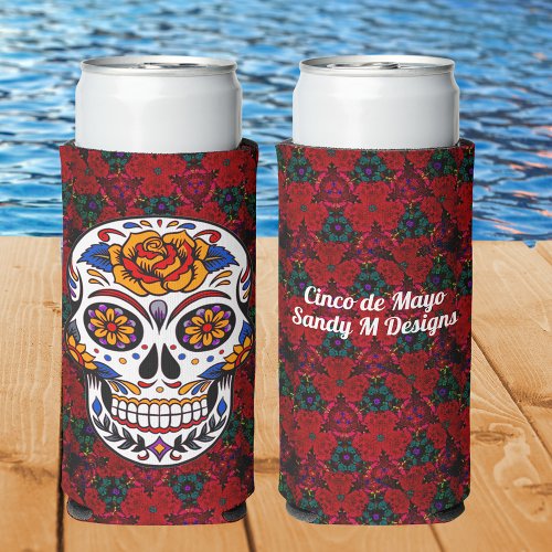 Sugar Skull Cinco de Mayo Personalize Your Name Seltzer Can Cooler
