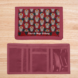 Sugar Skull Cinco de Mayo Red Floral Add Name Trifold Wallet