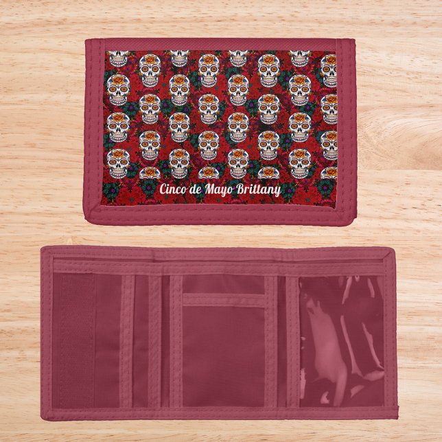 Sugar Skull Cinco de Mayo Red Floral Add Name Trifold Wallet (Sugar Skull Cinco de Mayo Red Floral Add Name Trifold Wallet)