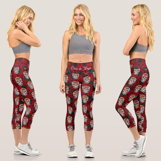 Sugar Skull Cinco de Mayo Red Floral Kaleidoscope Capri Leggings