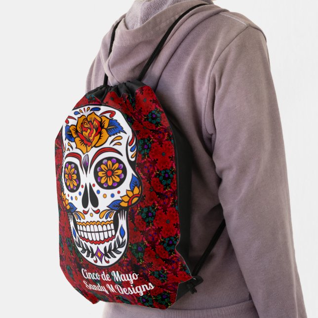 Sugar Skull Cinco de Mayo Red Floral Name Drawstring Bag (Insitu)
