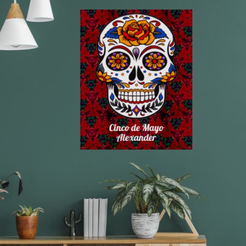 Sugar Skull Cinco de Mayo Red Floral Name Large Poster