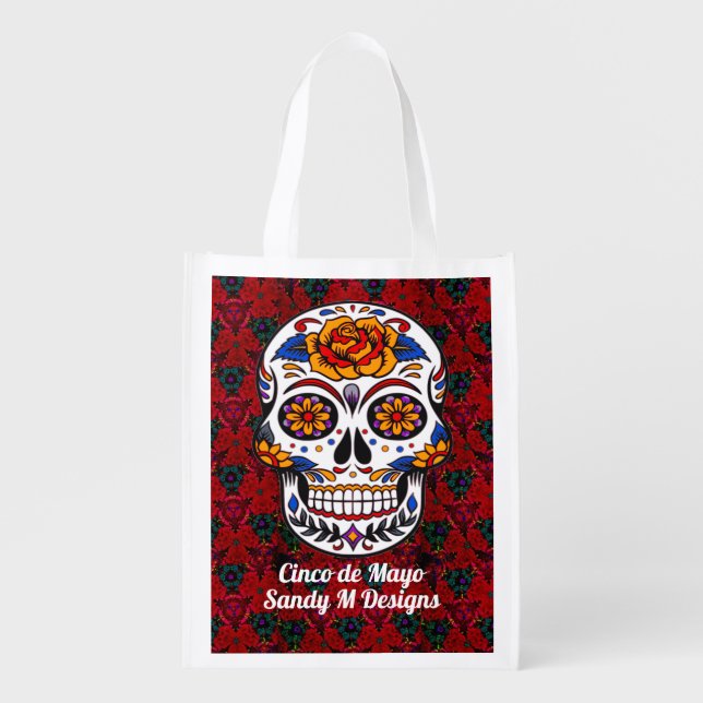 Sugar Skull Cinco de Mayo Red Floral Name Reusable Grocery Bag (Front)