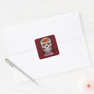Sugar Skull Cinco de Mayo Red Floral Name Square Sticker