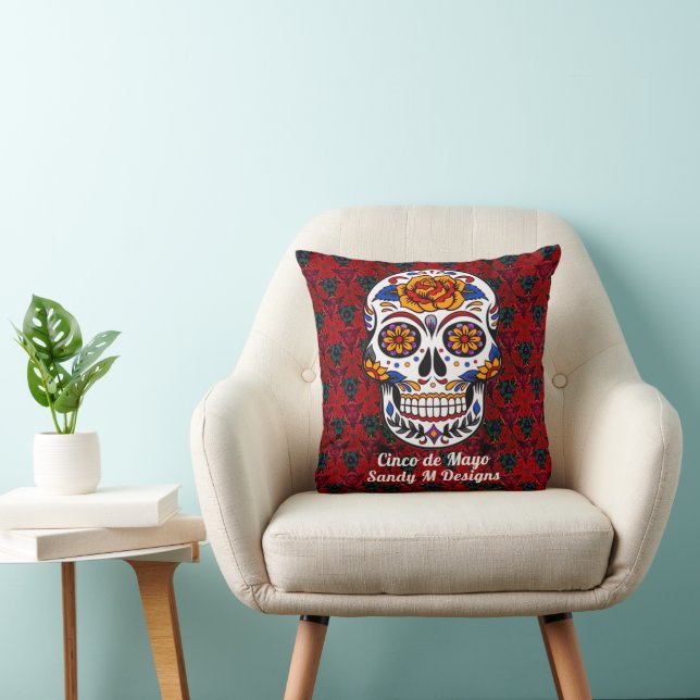 Sugar Skull Cinco de Mayo Red Floral Name Throw Pillow (Chair)