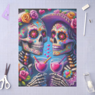 Sugar Skull Couple Having Drinks Decoupage Tissue Paper
