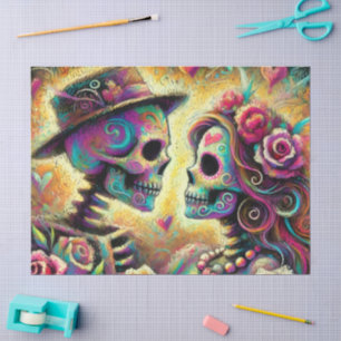Sugar Skull Couple in Love Floral Decoupage Tissue Paper
