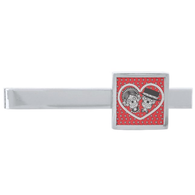 Sugar Skull Couple Silver Finish Tie Clip (Front)