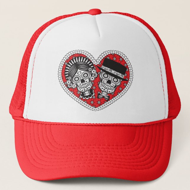 Sugar Skull Couple Trucker Hat (Front)