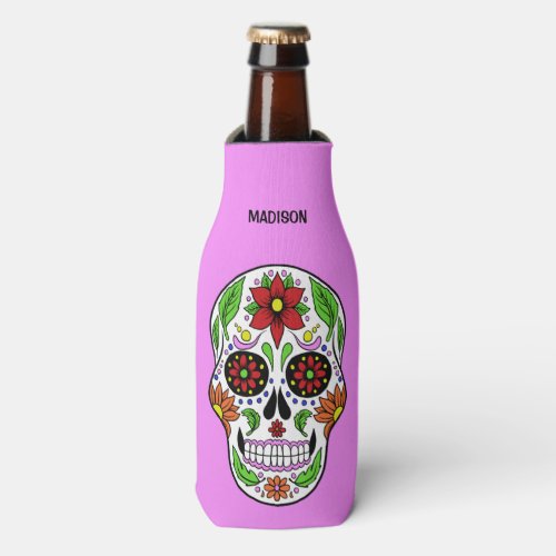 Sugar Skull custom name text  color Bottle Cooler