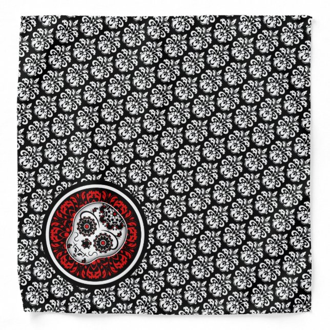 Sugar skull damask red accents bandana (Front)