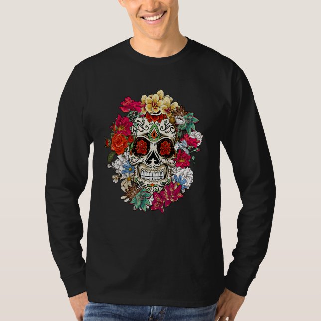 Sugar Skull Day Of Dead Dia De Los Muertos Flowers T-Shirt (Front)