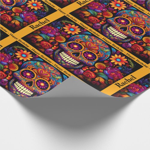 Sugar Skull Day of the Dead Birthday Add Name Wrapping Paper