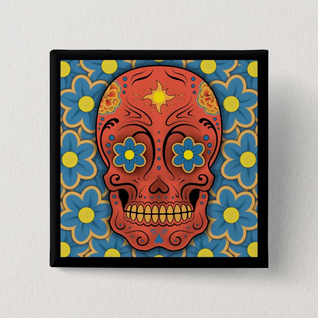 Sugar Skull - Day of the Dead (Blue Daisies) Button (Front)