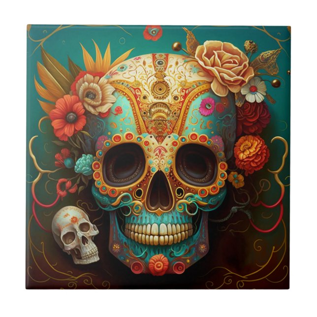 Sugar Skull Day Of The Dead Ceramic Tile (Front)