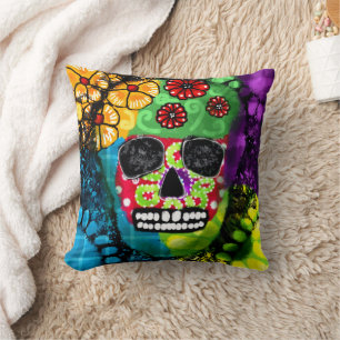 Sugar Skull Day of the Dead Floral Green Red Blue Throw Pillow