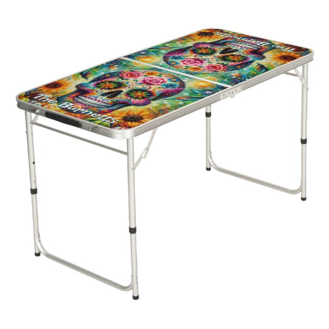 Sugar Skull Day of the Dead Floral Personalized Beer Pong Table (Angled)