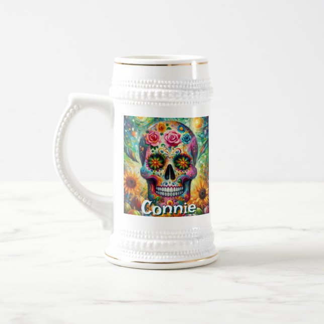 Sugar Skull Day of the Dead Floral Personalized Beer Stein (Left)