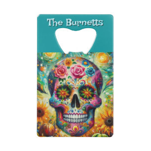 Sugar Skull Day of the Dead Floral Personalized Credit Card Bottle Opener