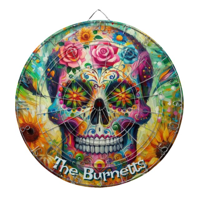 Sugar Skull Day of the Dead Floral Personalized Dart Board (Front)