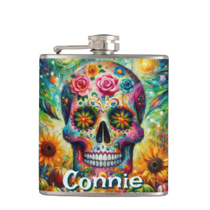Sugar Skull Day of the Dead Floral Personalized Flask